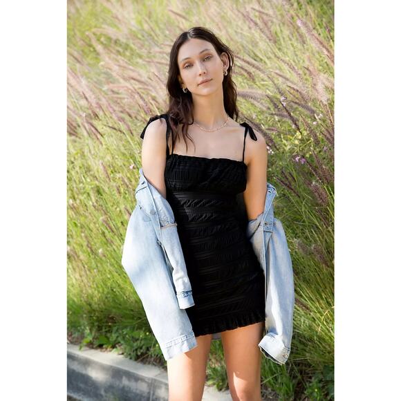Free People Bittersweet Black Smocked Ruffle Sleeveless Cami Ruched Mini Dress L - Picture 1 of 7